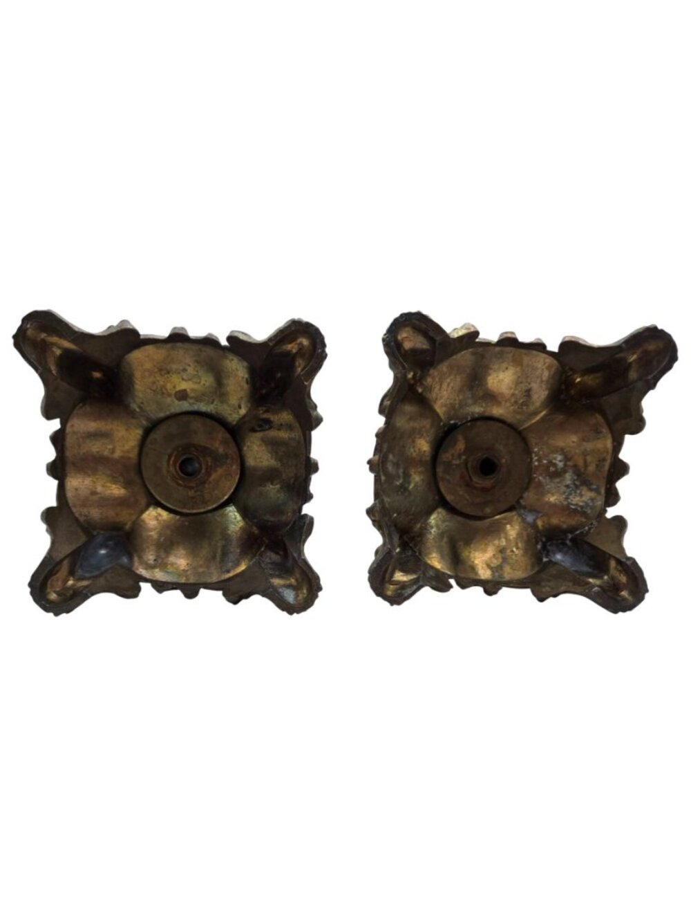 Vtg Hollywood Regency Cast Metal Amber Glass Candle Holders Pair Tulip Top 8" - Picture 5 of 12